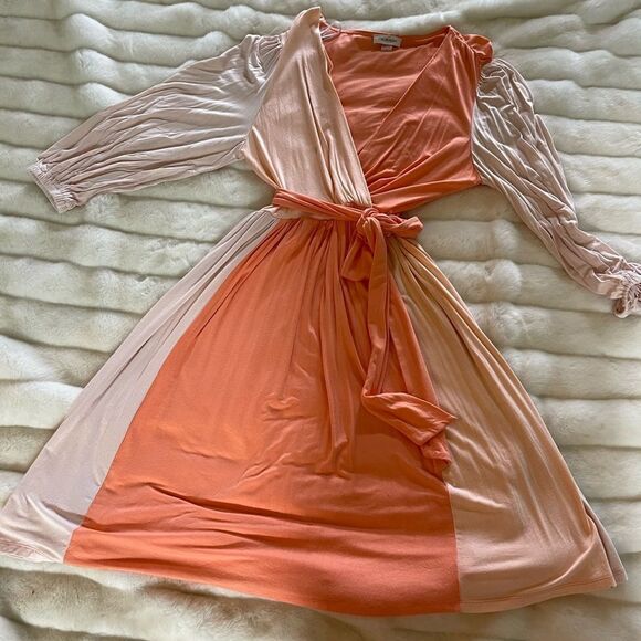 Calvin Klein color block Surplice Faux Wrap Dress in blossom,peach & cream SZ12 - Picture 12 of 16